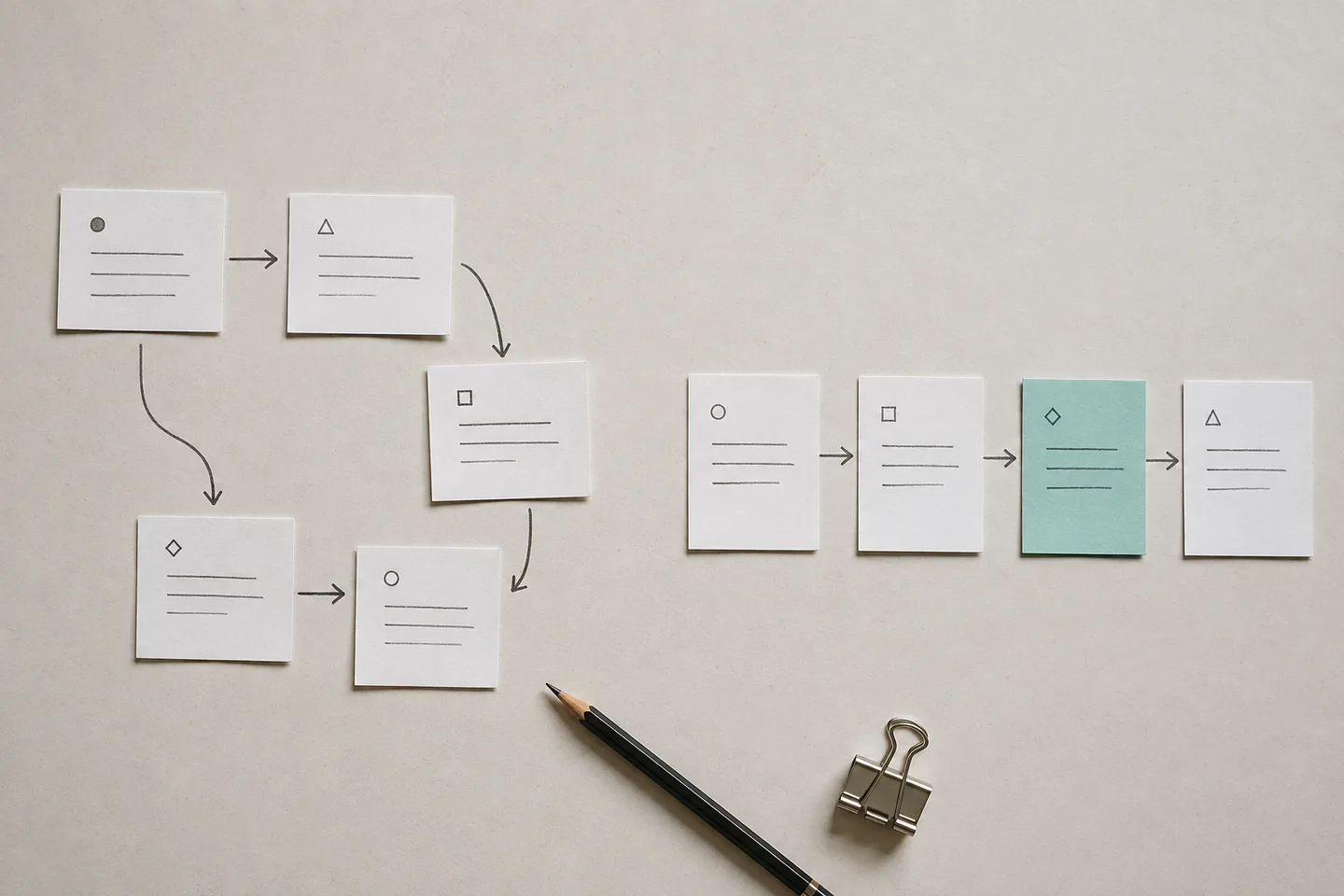 Paper task cards used to map and simplify a business workflow